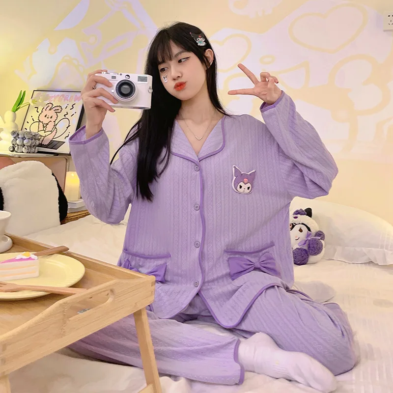 

Kawaii Sanrio Kuromi женский пижамный комплект Аниме Cinnamoroll Почтовый хлопок кардиган пижамы весна осень с длинным рукавом домашняя одежда