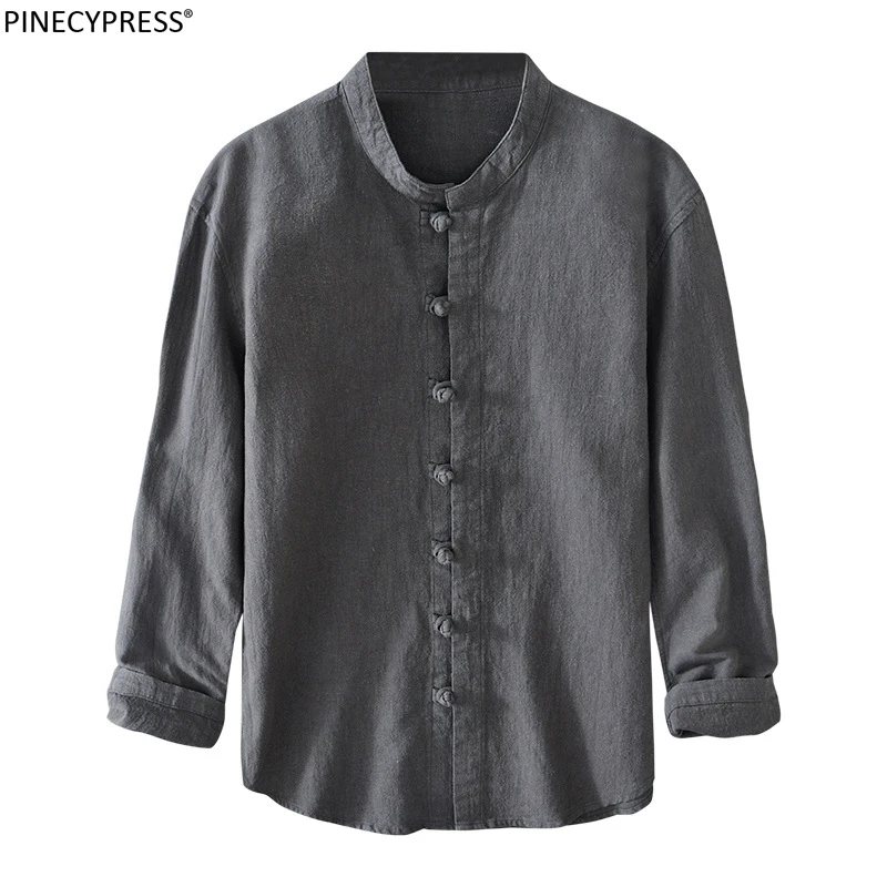 

Linen Cotton Breathable Spring Summer Men Vintage Retro Tang Chinese Mandarin Collar Mens Casual Hemp Long Sleeve Man Shirt