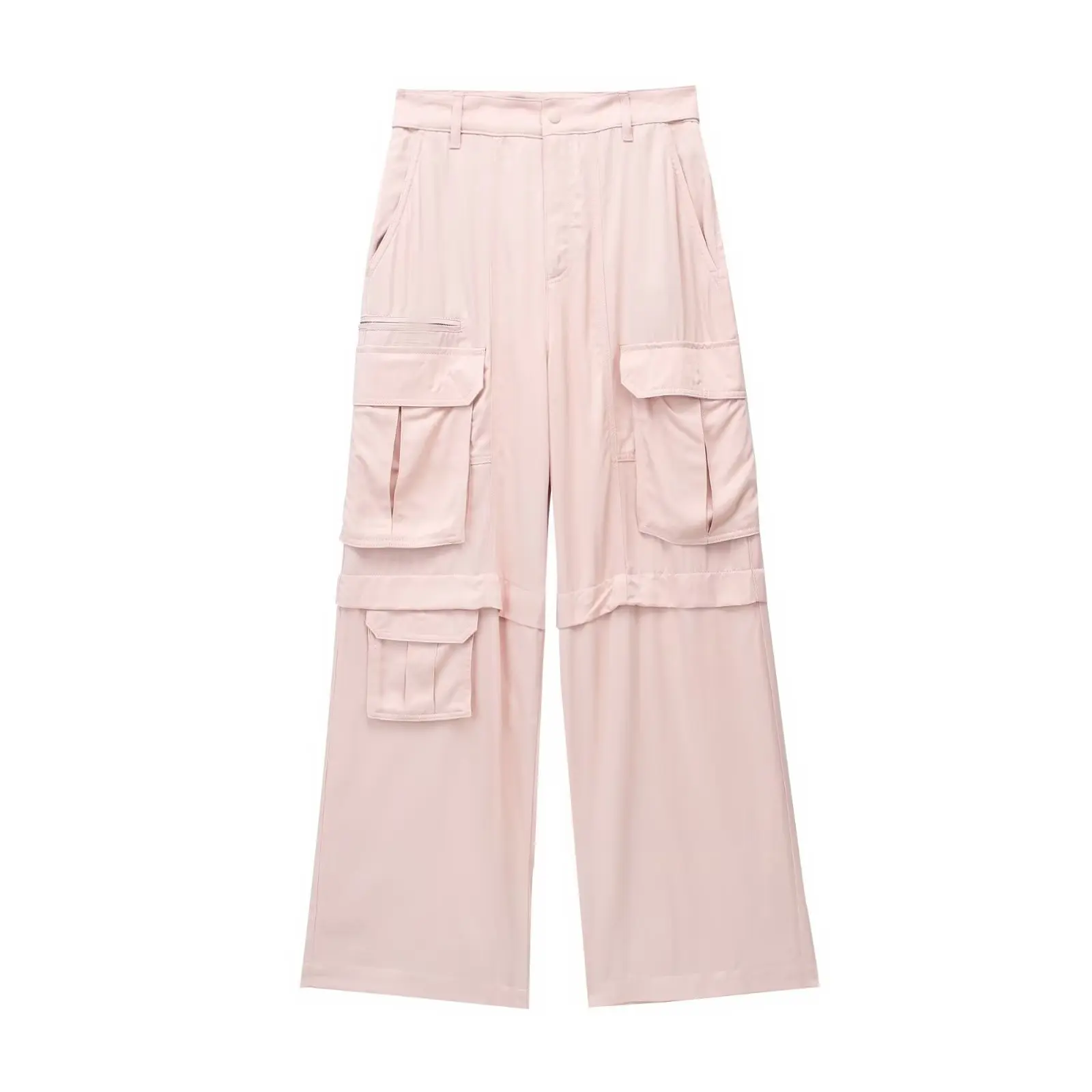 

Women 2023 New Fashion Summer Pink Colour Satin Texture Tooling Pants Vintage High Waist Zipper Female Trousers Mujer