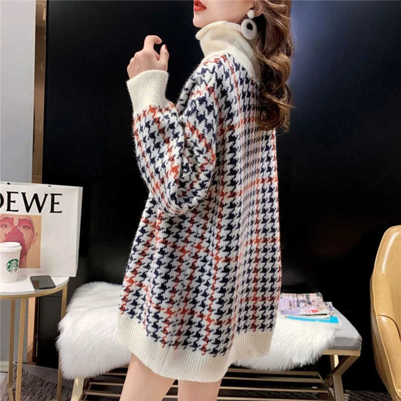 

Autumn Korean Winter Thick Houndstooth Splicing Turtleneck Sweater Women 3 Color Vintage Loose High Collar Pullovers Tops Female