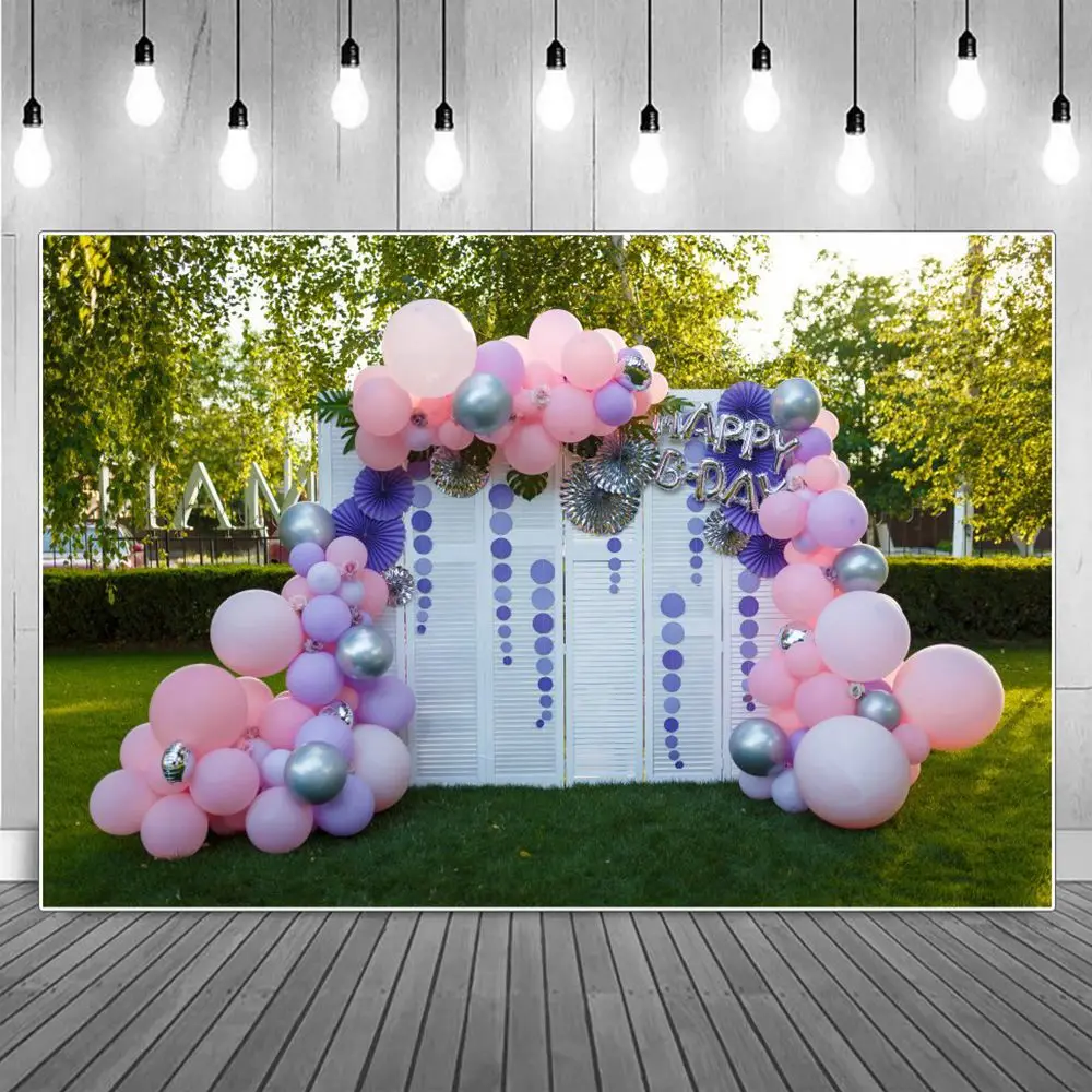 

White Parclose Balloons Happy Birthday Party Stage Decoration Photography Backdrops Outdoor Garden Trees Green Grass Backgrounds