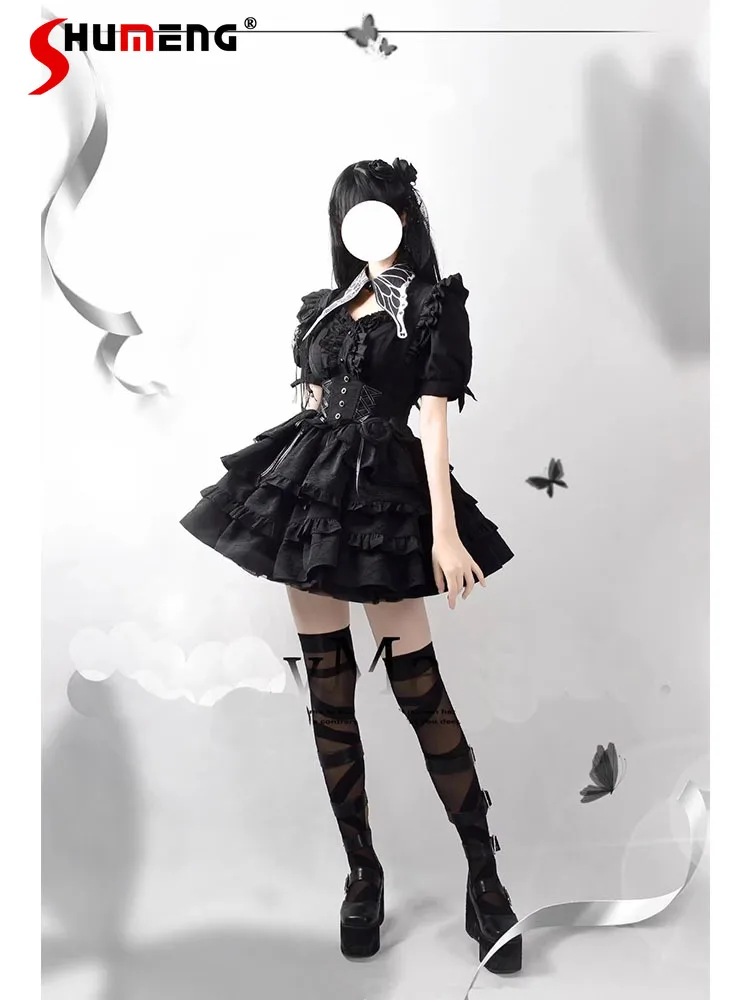 Темно-готический черный костюм Лолиты SK с пышными рукавами однобортный топ