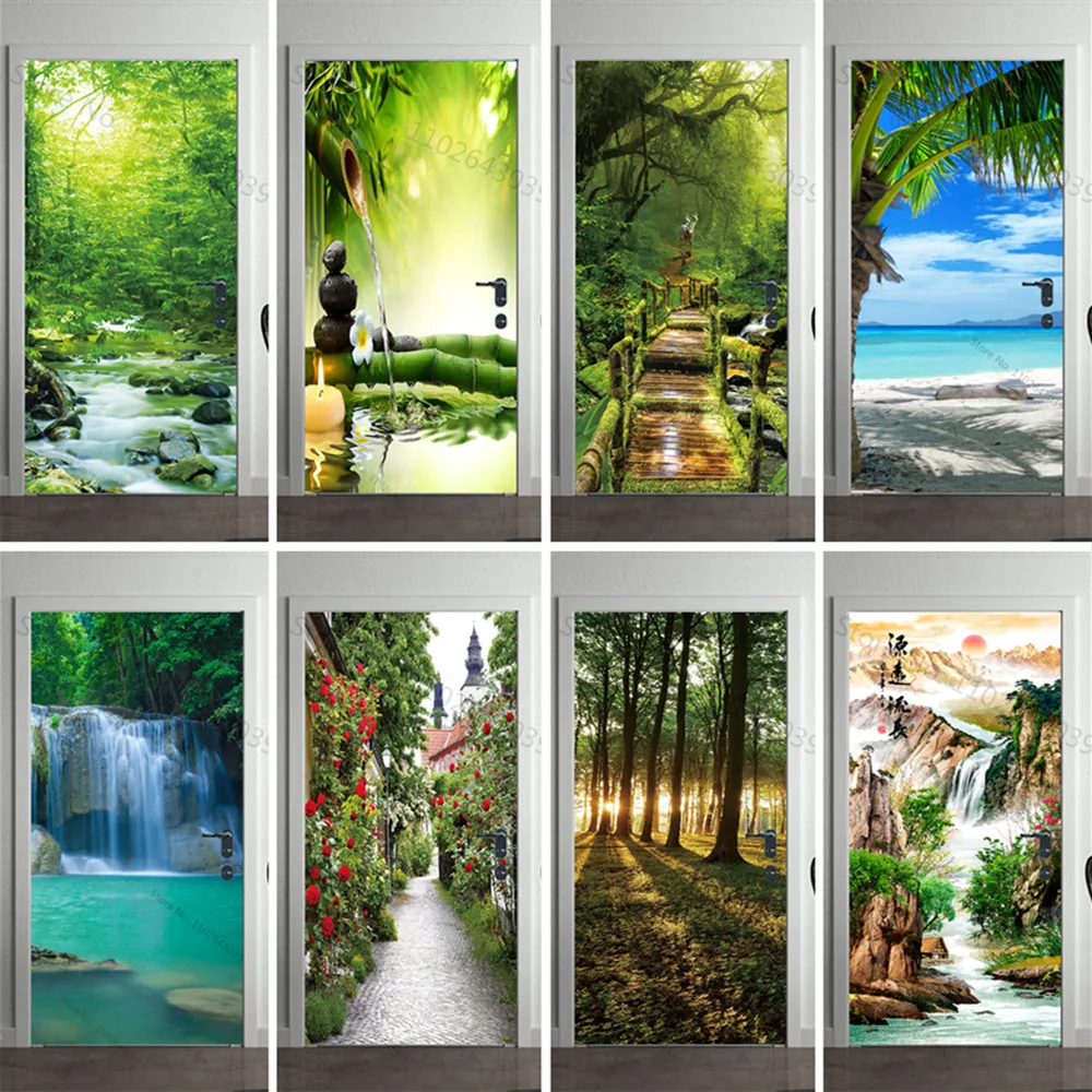 3D Green Tree Bamboo Candle Door Stickers Bedroom Bathroom Jungle Coconut Palm Bridge Door Wallpaper Decorative Modern Design