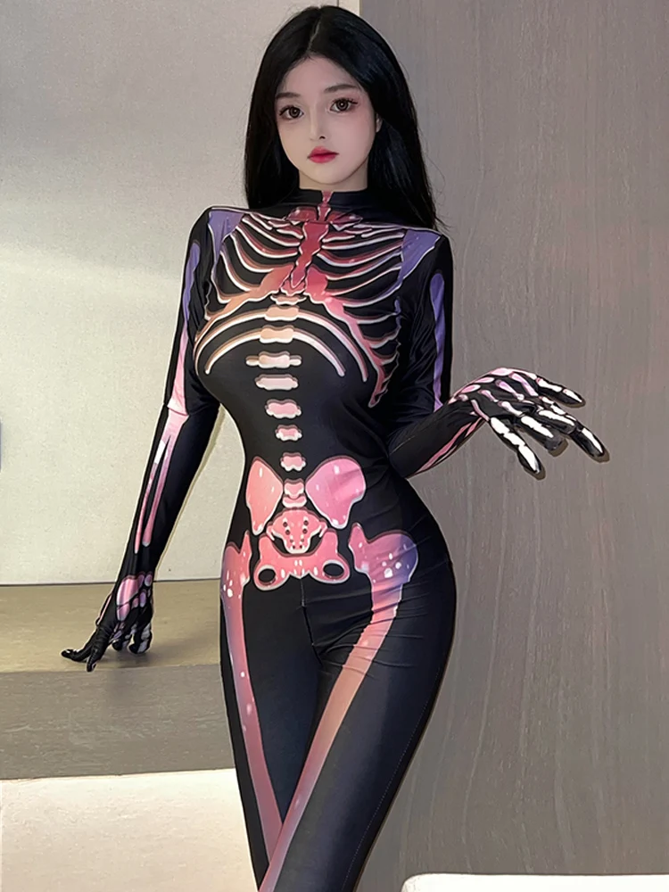 

Костюм для косплея с принтом скелета, Колготки с пальцами, боди на молнии, облегающая сексуальная клубная одежда, трико, боди, унитард