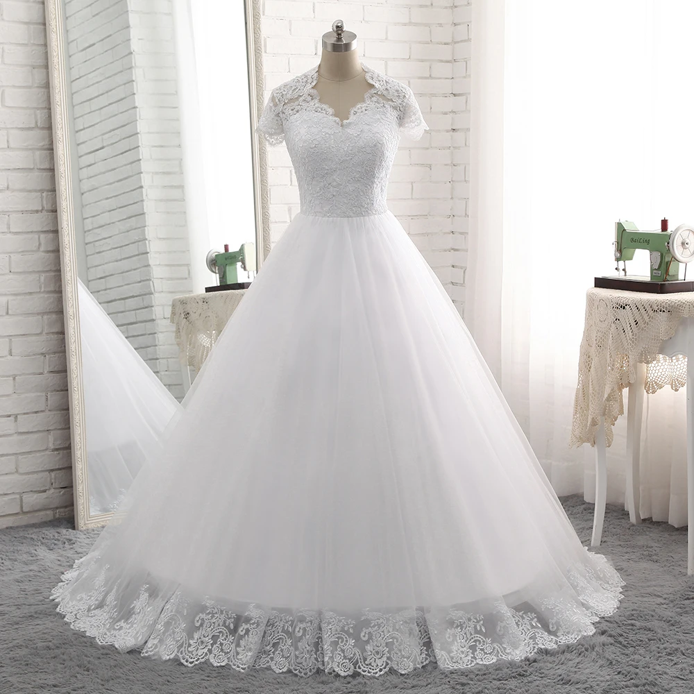 

IRIDESCENT White Charming Short Sleeves Tulle Wedding Dress See-Through Appliques Vestidos De Novia Zipper Button Bridal Gowns