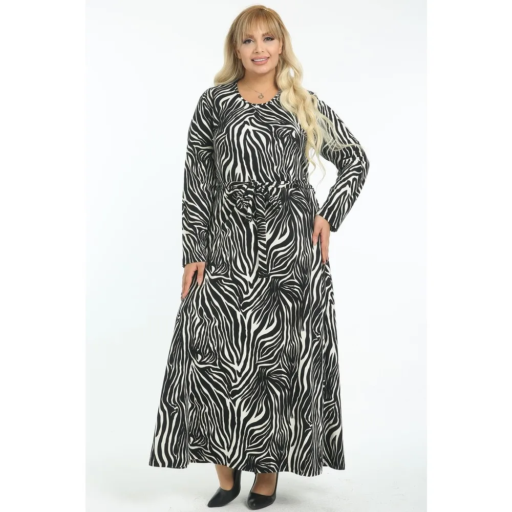 

Dorlie Women Large Size Green Waist Belted Wool Viscose Long Dress