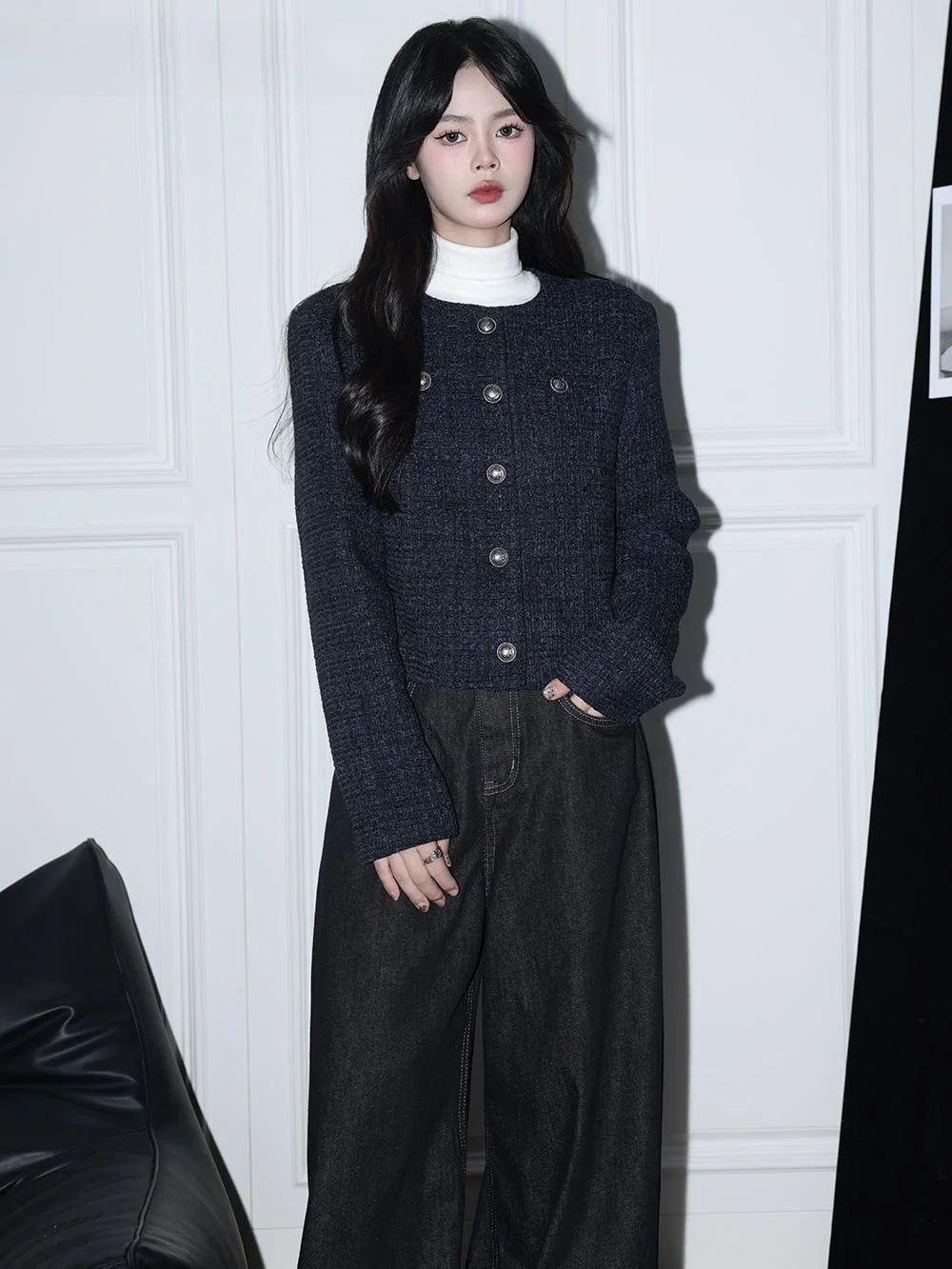 La Chabell French sle Purplish Blue Temperament Graceful Short Outerwear Women Winter New Chic Cardigan Top