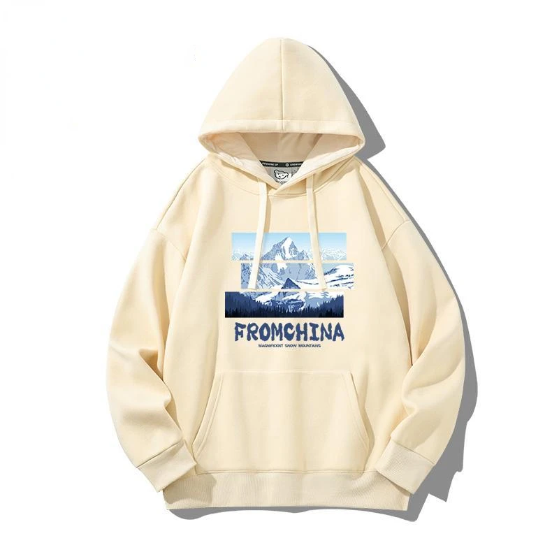 

2022 New Premium Luxury Men's Cotton Hooded Sweater Snow Mountain Print Top Oversize Loose Retro Fashion Sweater Unisex Winter