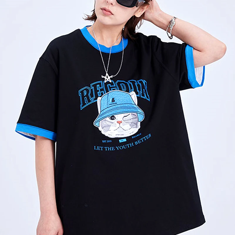 

Футболка хлопковая с вышивкой кошки, милый топ с коротким рукавом для подростков, большие размеры 2XL, в стиле Харадзюку, для студентов, на лето