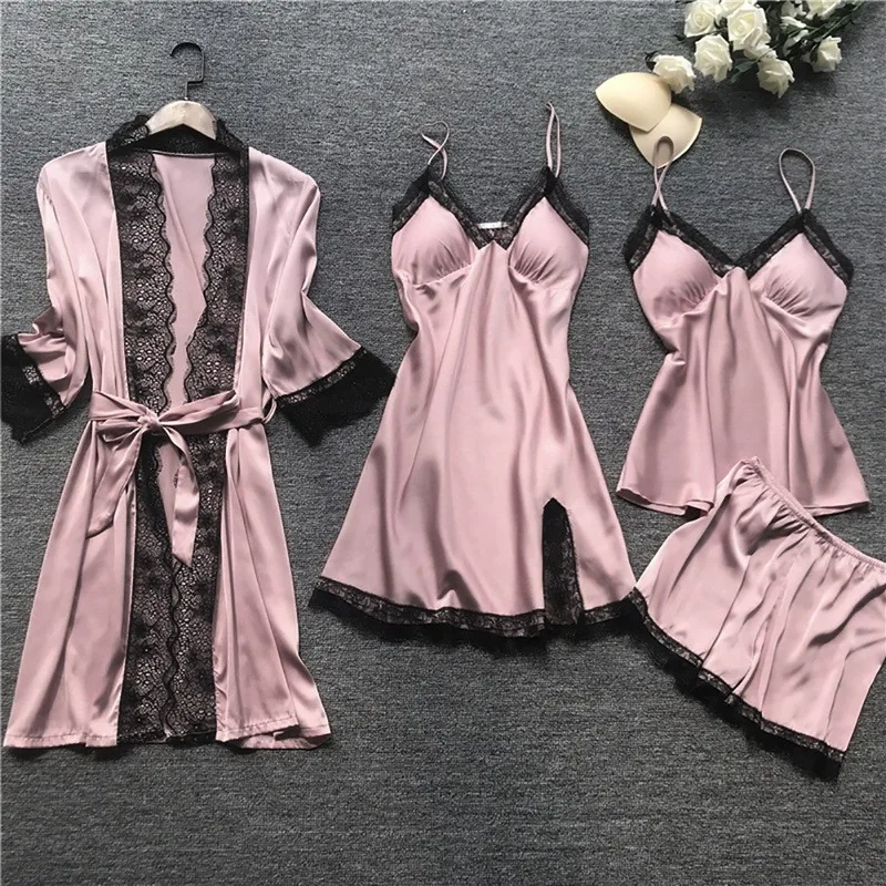 New Women Pajamas Sets Satin Sleepwear Silk 4 Pieces Nightwear Pyjama Strap Lace Sleep Lounge Pajama With Chest Pads