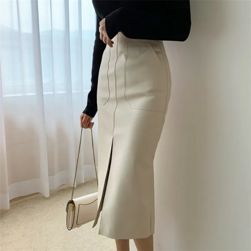 

Women Sexy Package Hip Front Split PU Leather Skirts High Waist Skirt Female Pockets New 2023 Spring Zipper Midi Pencil Skirts