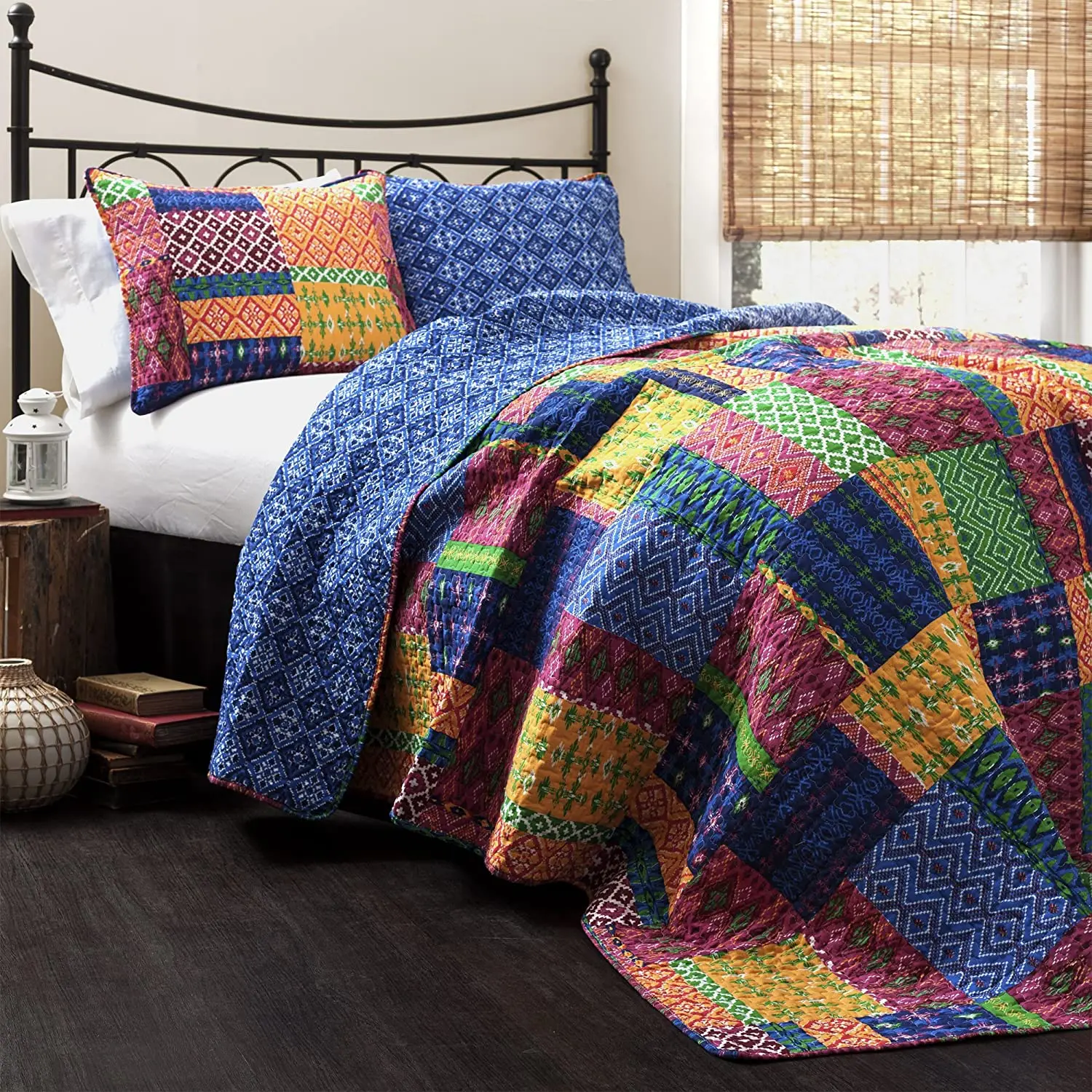 

Lush Decor Quilt | Patchwork Bohemian Reversible Print Pattern 3 Piece Bedding Set - King - Fuschia and Blue