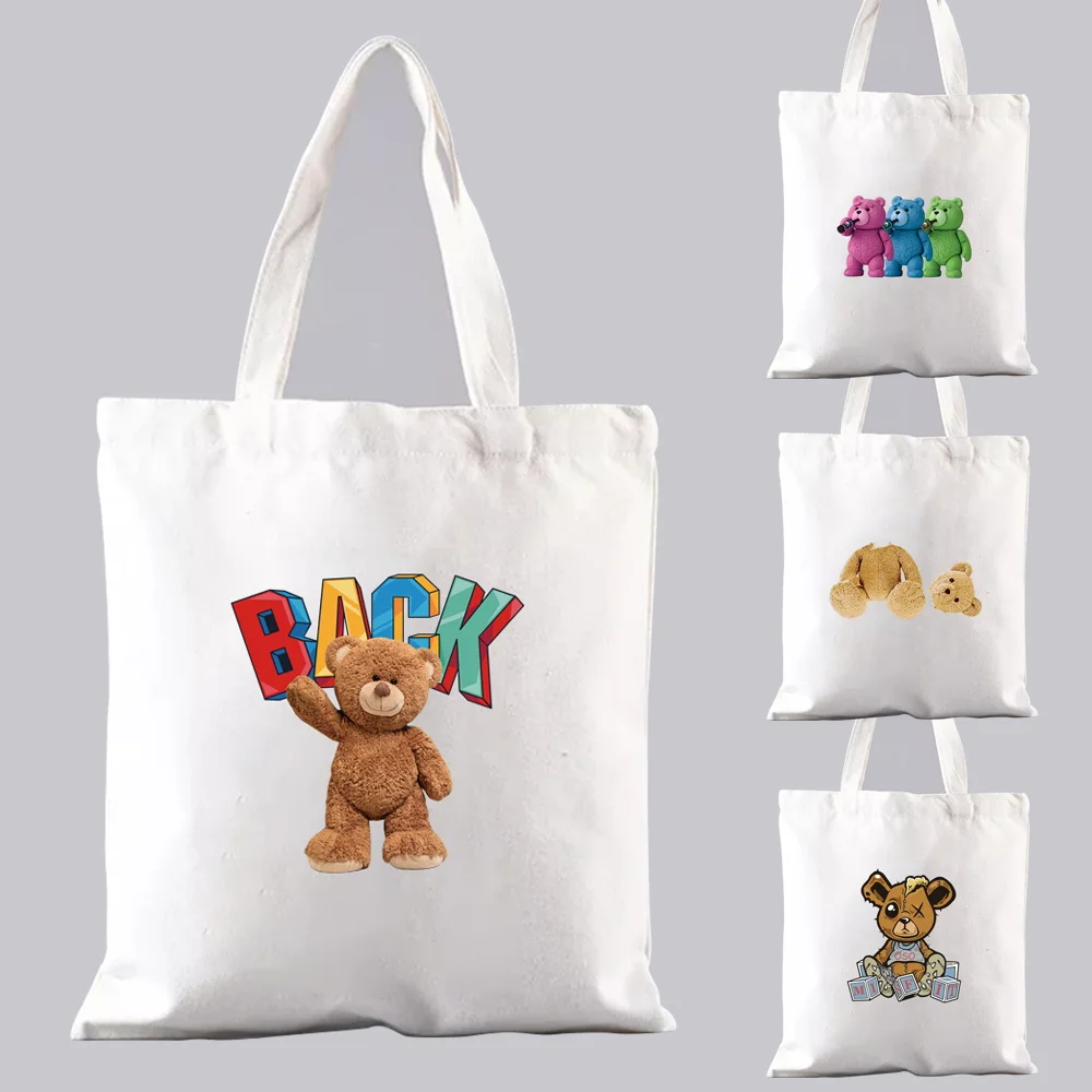 

Fabric Shopping Bag Shopper White Tote Bag Cute Cartoon Teddy Bear Series Graphic Print Shoulder Bag Female Bolsa Canvas Handbag