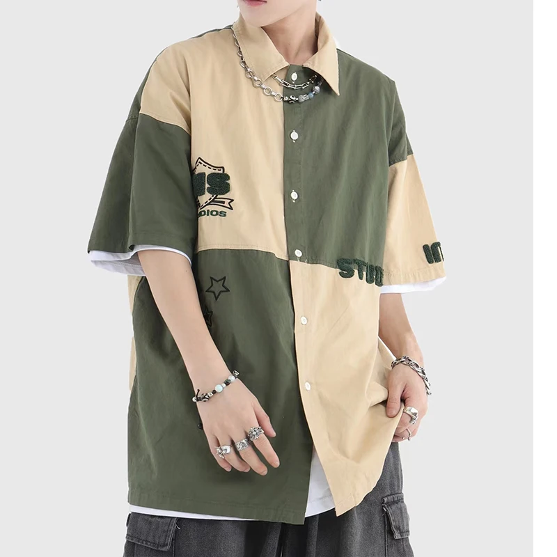 

Vintage Flocking Embroidered Colorblock Shirt Workwear Short Sleeve Shirt Men Jackets Button Up Shirts Women Korean Tops Summer