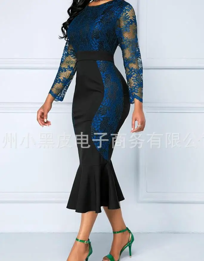 

Elegant Party Dresses for Women Autumn 2023 New Fashion Slim Fit Lace Panel Hooked Flower Hollow Ruffle Edge Fishtail Dress