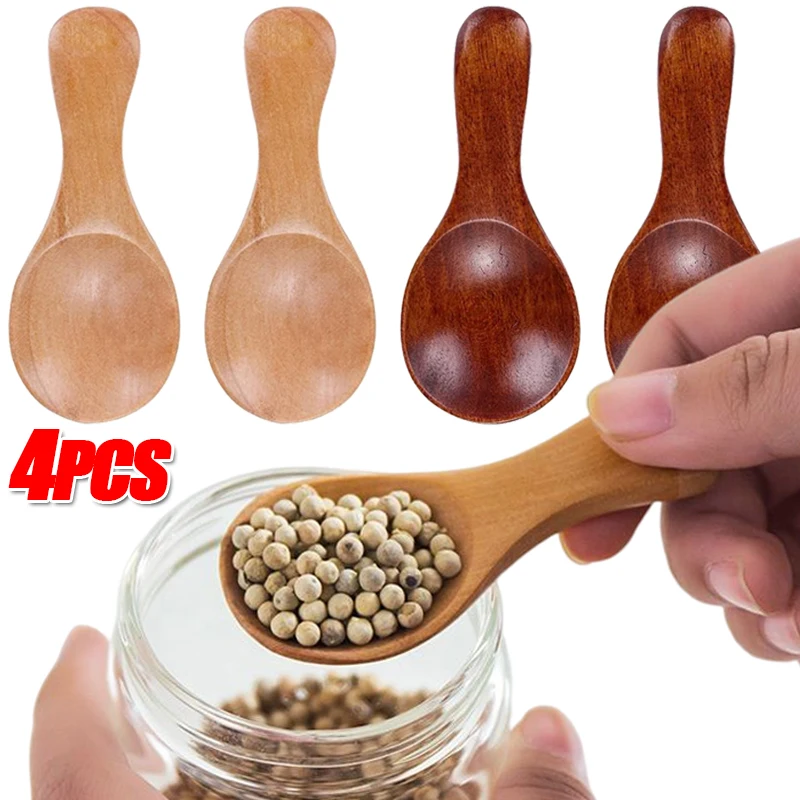 

4/2/1PCS Mini Wooden Spoon Short Handle Small Wood Spoons Spice Condiment Sugar Coffee Honey Scoops Kitchen Tableware Teaspoon
