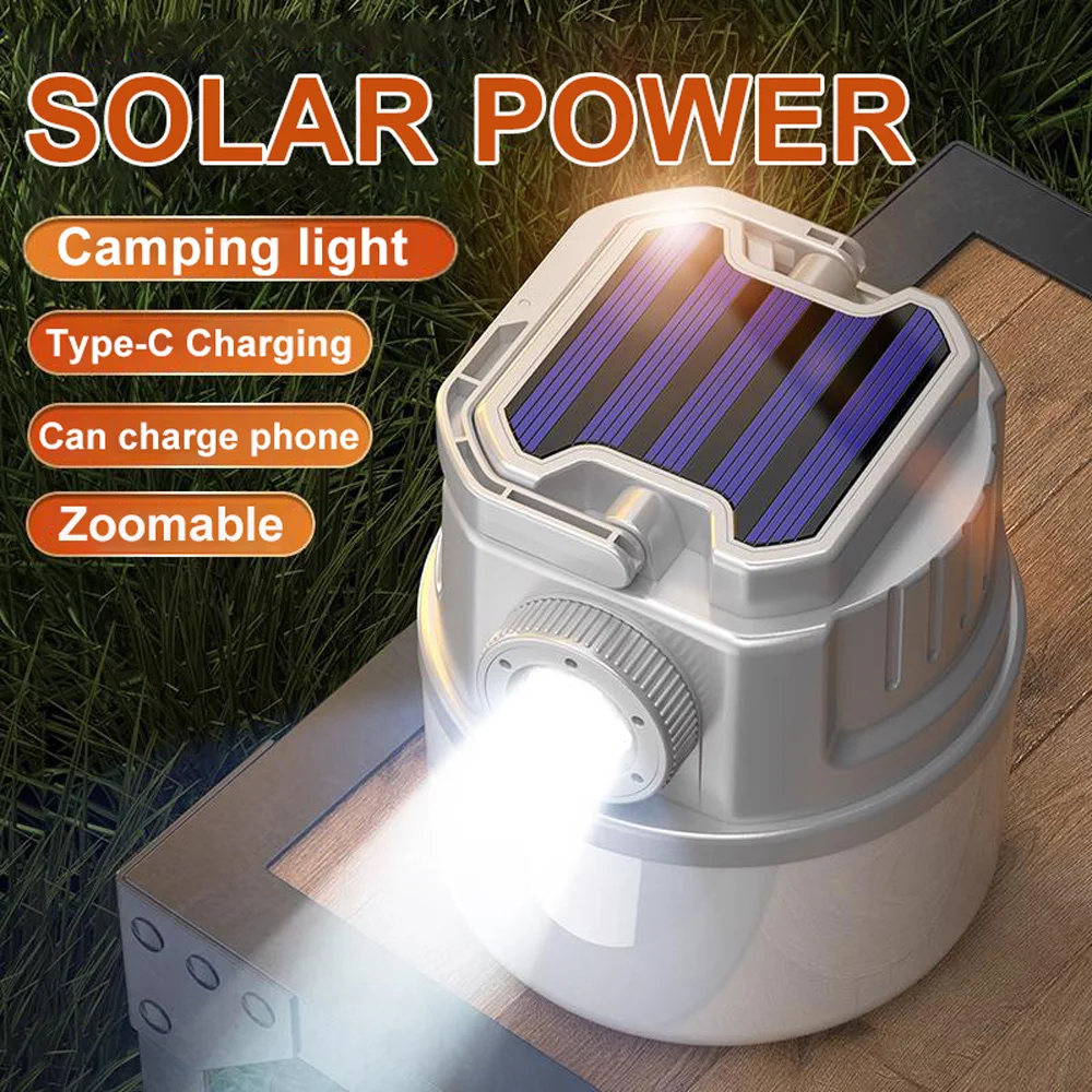 

Portable Solar+USB Work Light Rechargeable Wireless Bulb Spotlight 7200mAh Power Bank Tent Camping Floodlight Zoomable Lantern