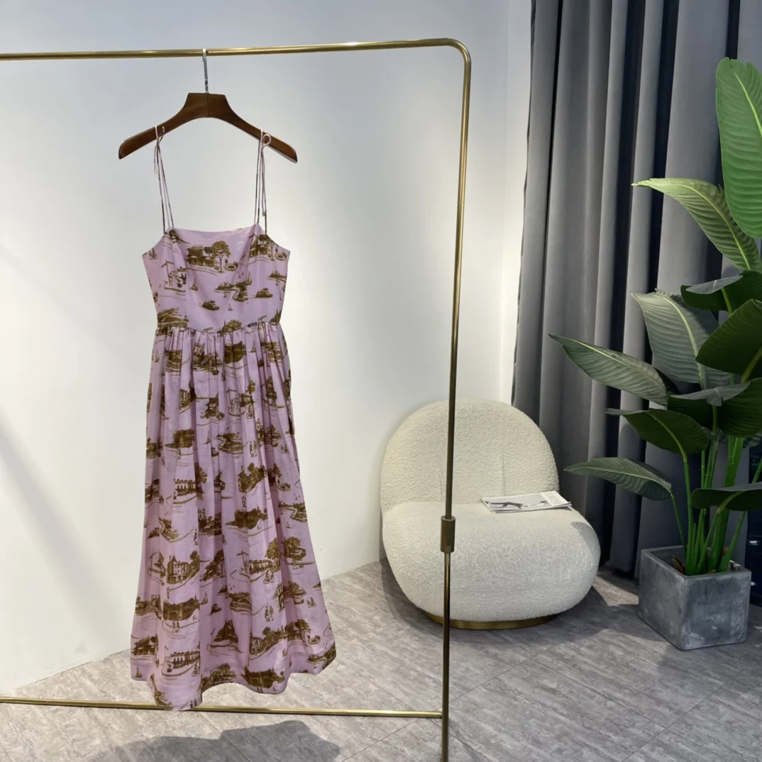 

Женское платье в пляжном стиле, розовое льняное ТРАПЕЦИЕВИДНОЕ ПЛАТЬЕ средней длины с принтом в стиле архитектуры, лето 2022