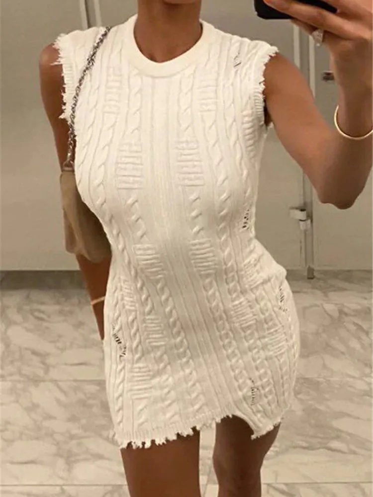 

hirigin Summer Knitted Tassel Twist Mini Dress For Women Sexy Sleeveless Irregular Tight Dress Female Lady Party Vocation Clothe