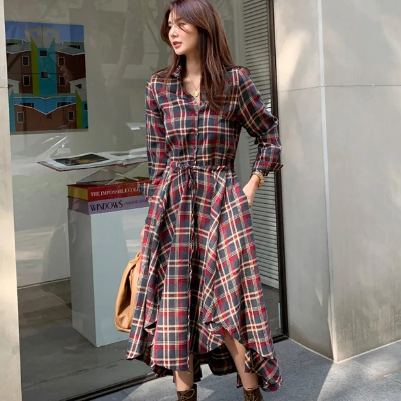 

Vintage Spring Elegant Plaid Dress For Women Turn down Collar Long Sleeve High Waist With Sashes Irregular Casual Long Dresses