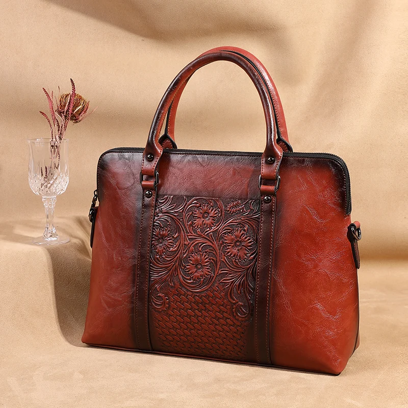 OYIXINGER Women's Briefcase High Quality Embossed Shoulder Bags Vintage Floral Leather Briefcase Female 14 inch Laptop Handbag