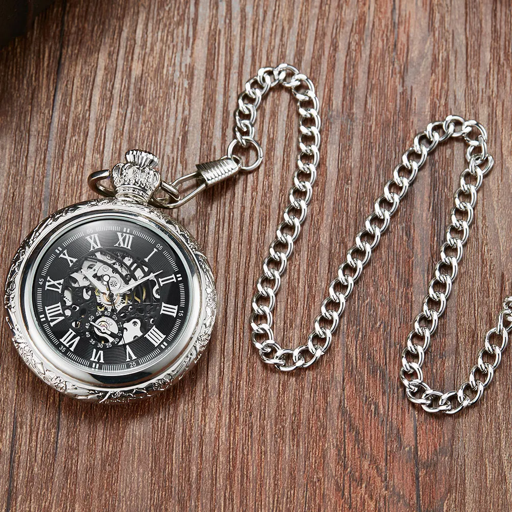 Silver Carved Steampunk Smooth Mechanical Pocket Watches Men Women Fashion Luxury Hand Wind Necklace Pocket & Fob Watch Chain