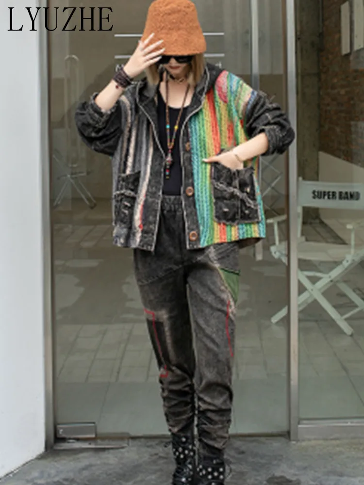 

LYUZHE Fashion Foreign Color Contrast Printing Panel Worn Denim Hooded Cardigan Loose Coat Women 2023 Spring Autumn Dress LWL465