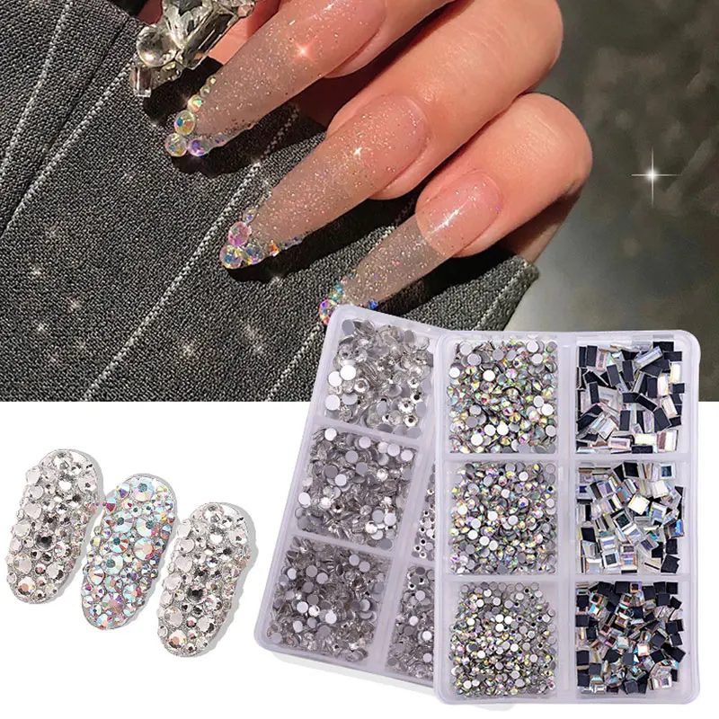 

6 Girds Nail Rhinestones Manicure Decor Glitter Sliver Diamond 3d Gems Mixed Size Flatback Ab Crystal Square Diamond Box