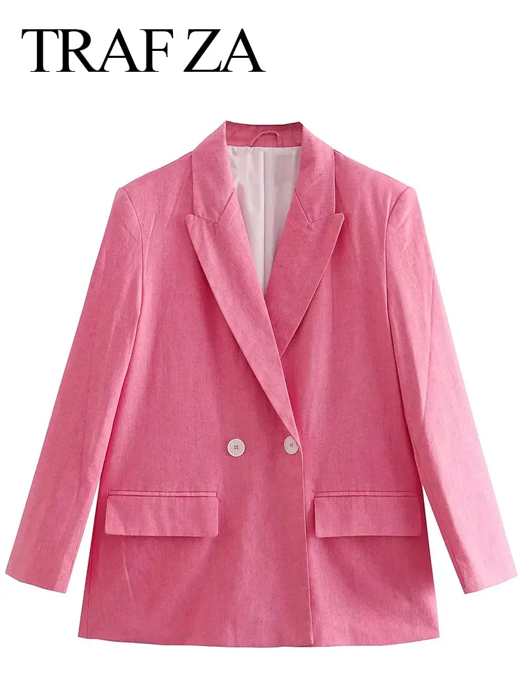

TRAF ZA 2022 Fashion Solid Pink Blazer Elegant Commuter Double Breasted Flap Suit Collar Casual Long Sleeve Chic Jacket Women