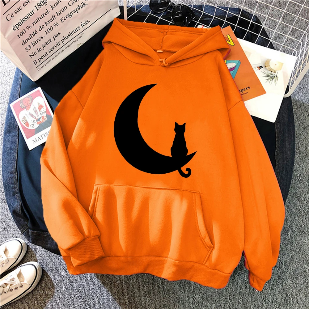 Cat Moon Printing Men Hoodies Fleece Warm Comfortable Pocket Sweatshirt Autumn Breathable Soft Pullover Man Women Streetwear