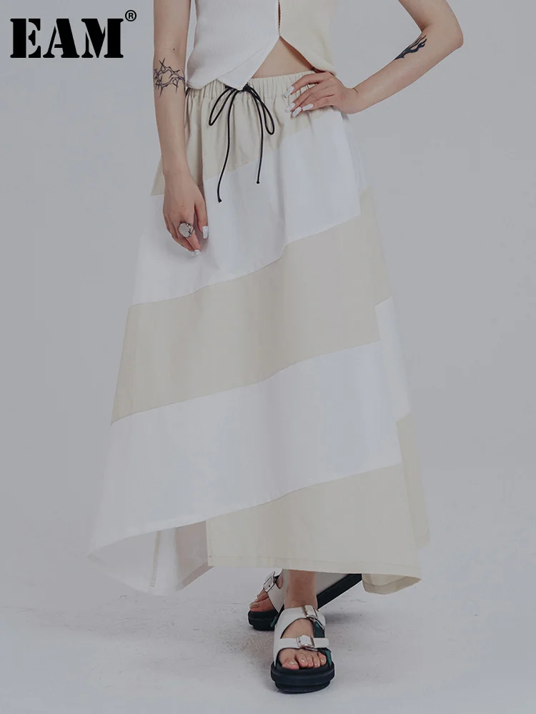 

[EAM] High Elastic Waist White Beige Striped Irregular Long Half-body Skirt Women Fashion Tide New Spring Autumn 2023 1DE9305