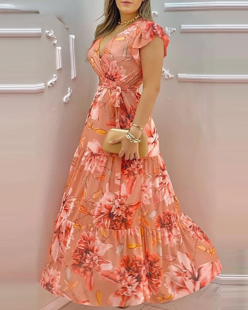 

Women's V-neck Ruffle Sleeve Floral Print Chiffon Slim Long Dress