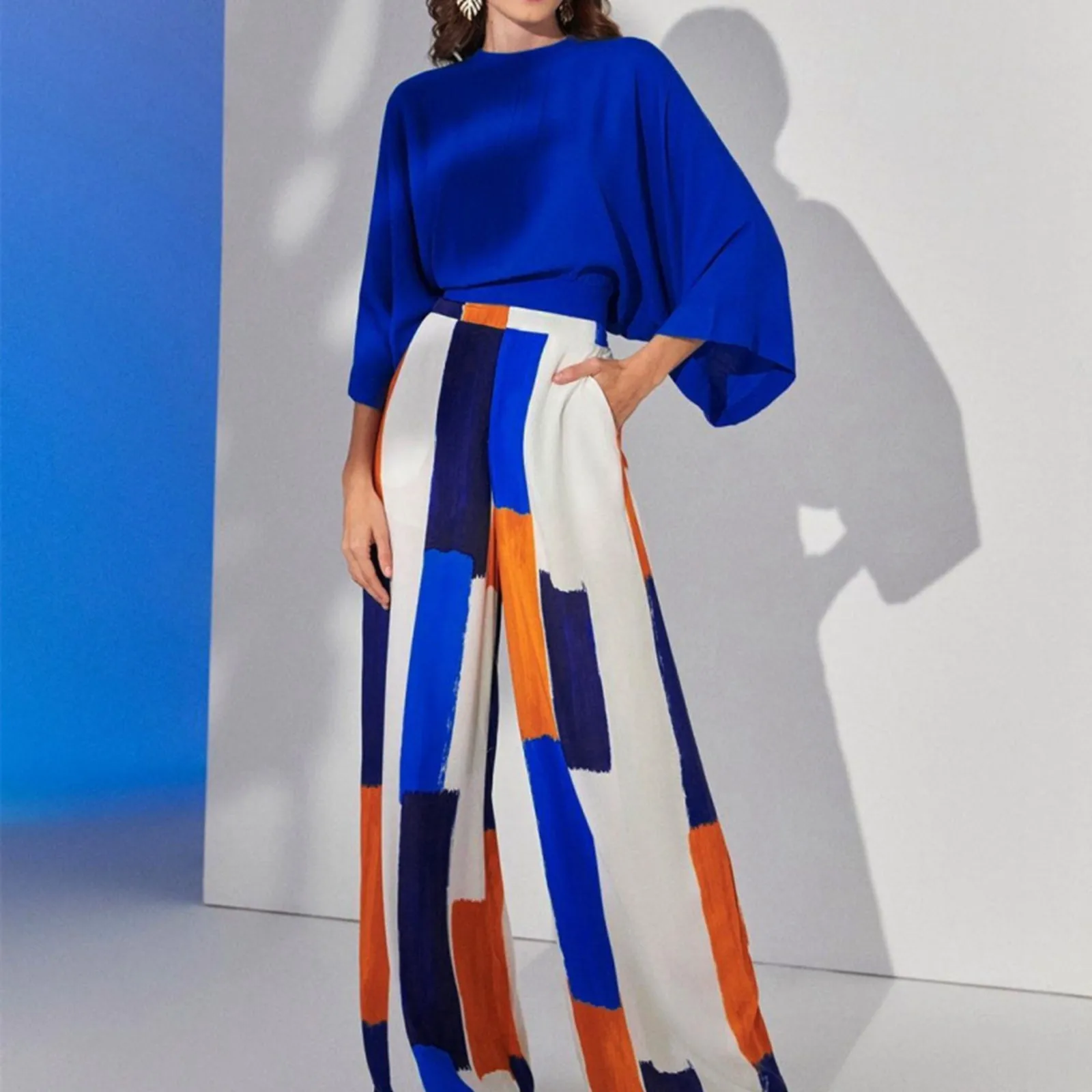 

Blue Casual Suits for Women 2023 New Fashion Office Ladies O-neck pullover Tops Chic High Waisted Street Loose Pant Suits Mujer