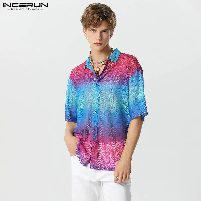 

Рубашка INCERUN мужская с отложным воротником, прозрачная сетчатая сорочка с короткими рукавами, с градиентным переходом цвета, уличная одежда, модная повседневная свободная одежда, 2023