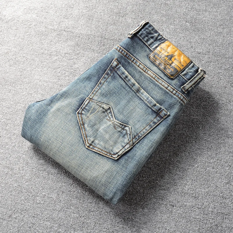 Fashion Vintage Men Jeans Retro Blue Stretch Elastic Slim Fit Ripped Jeans Men Patched Embroidery Designer Denim Pants Hombre