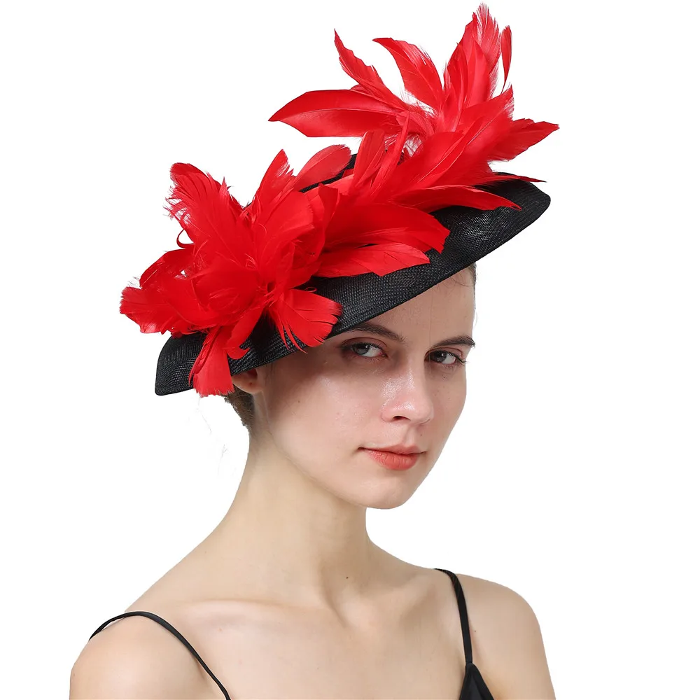 

Red Millinery Cocktail Event Fascinator Hat Imitation Linen Derby Hair Accessories Elegant Women Bowknot Nice Flower Headband