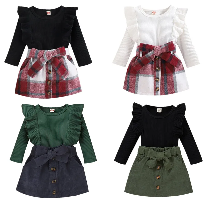 

Kids Baby Girl Fashion Clothes Set Autumn Solid Color Ribbed Long Sleeve Round Neck Ruffled Tops + Mini Skirt with Belt Set