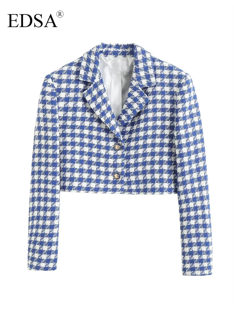

EDSA Women Blue Textured Cropped Blazer 2023 Summer New Short Jacket Lapel Collar Long Sleeves With Pronounced Shoulders Coat