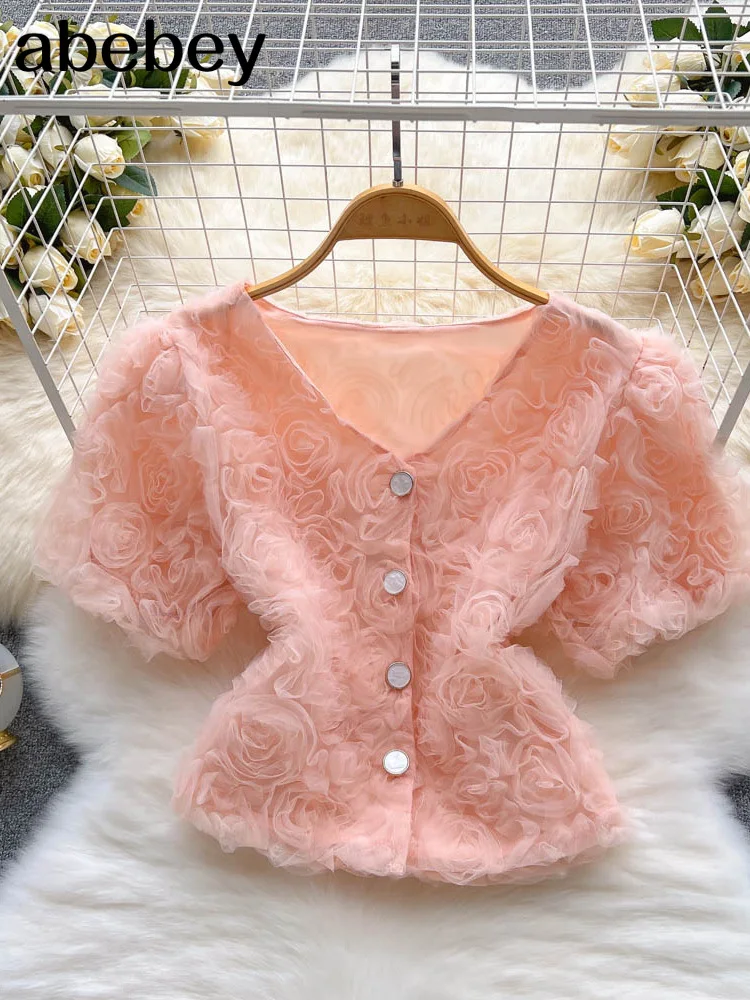 

Vintage Puff Sleeve Elegant Shirt White Pink All Match Blouse V Neck Office Ladies Blusa Female Casual Crop Tops