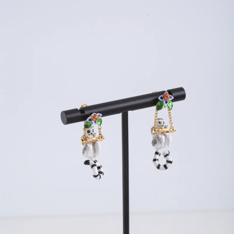 

European and American Jewelry Hand-painted Enamel Glaze Three-dimensional Playful Lemur Chain Flower Stud Earrings Earrings