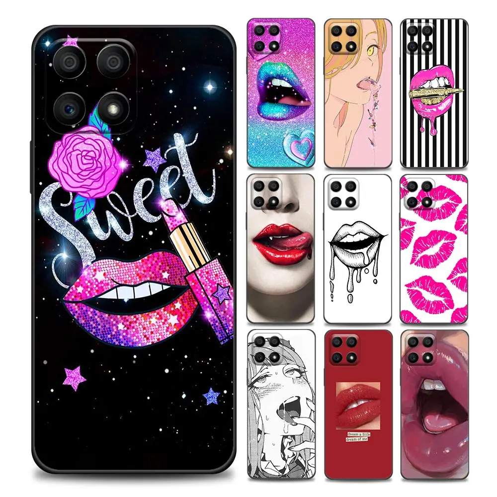 

Sexy Lady Red Lips lipstick Girls Phone Case For Honor 50 30 10 Lite 30i 20 9A 9C Pro 8X Nava 8i 9 Y60 Cover Soft Silicone Cases