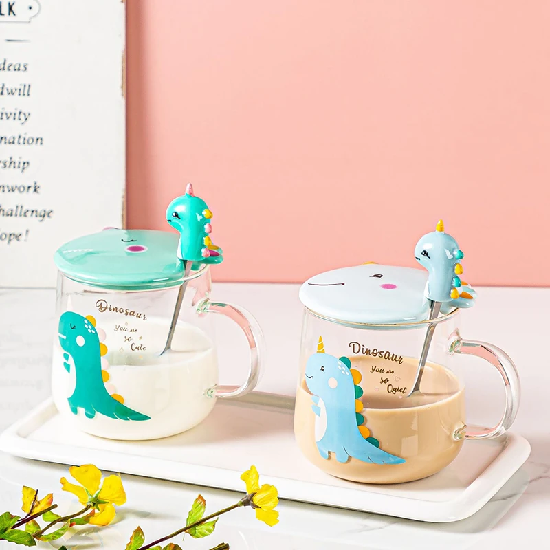 

3PCS Creative Cute Glass Dinosaur Water Cup with Lid Spoon Transparent Office Drinking Tea Breakfast Coffee Milk Couple Mug Hot