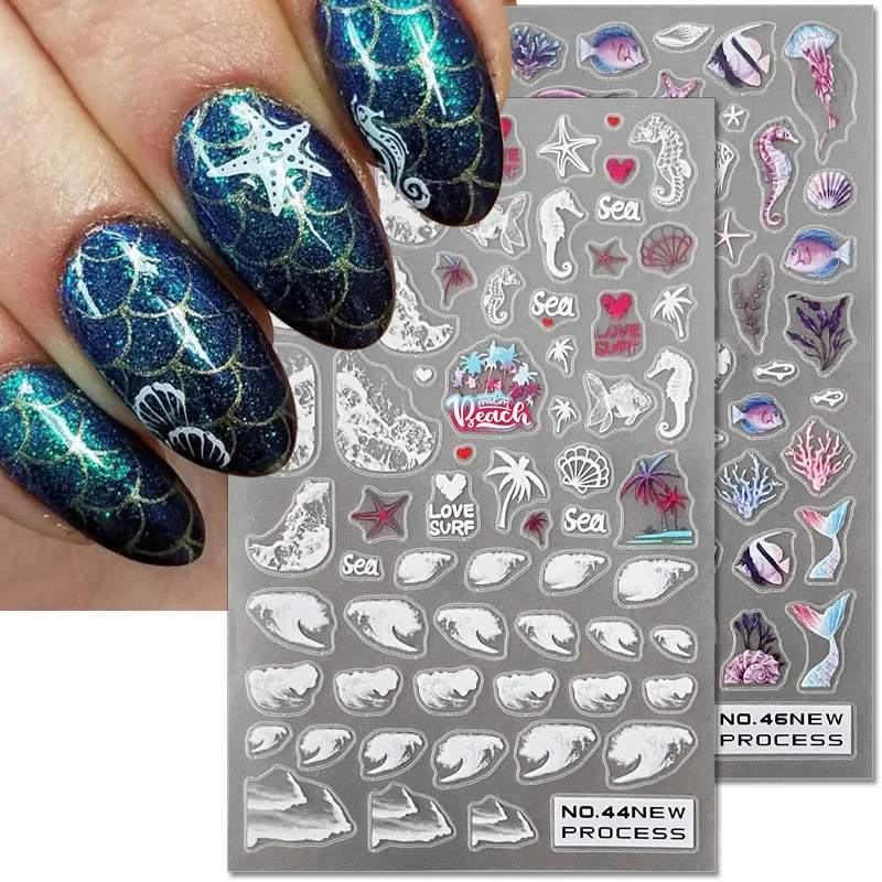 

3D Sea Animal Nail Stickers Summer Beach Wave Palm Tree Starfish Jellyfish Nail Art Stickers Hills Blooming Scrub Nail Decals