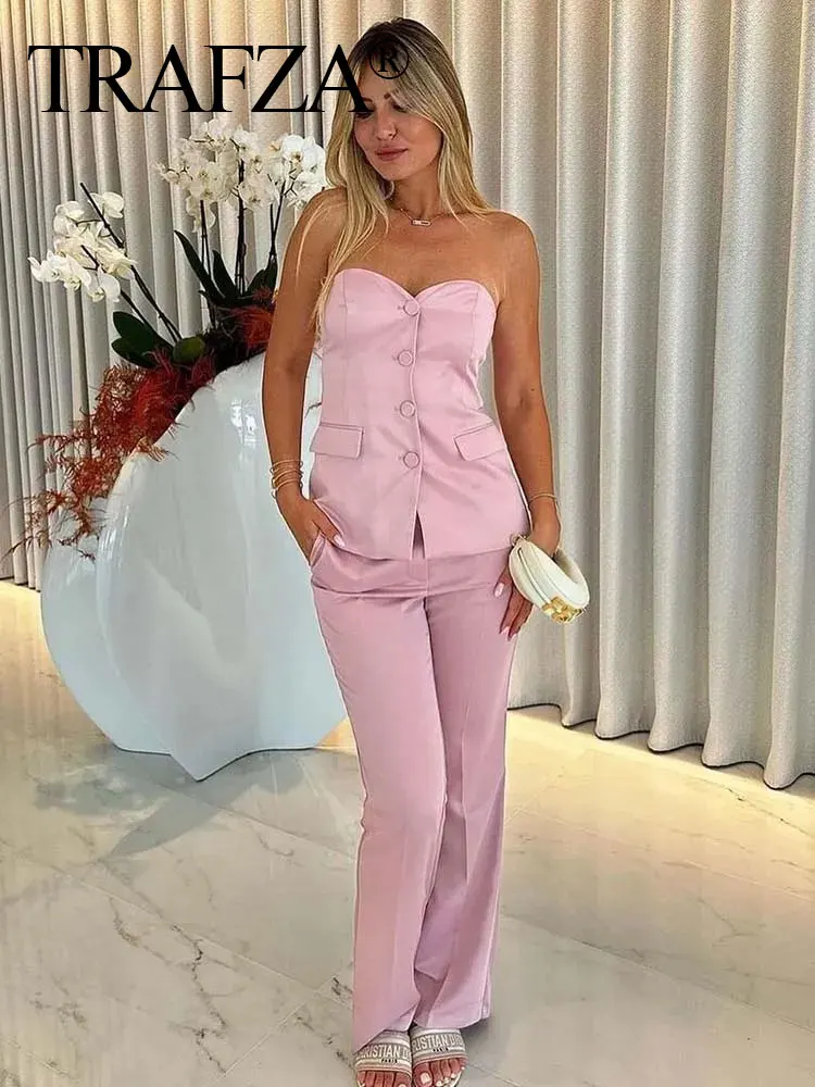

TRAFZA Women's Summer Fashion Tube Top Halter Top Suit High Waist Concealed Buckle Front Zipper Women's Wide-leg Casual Trousers
