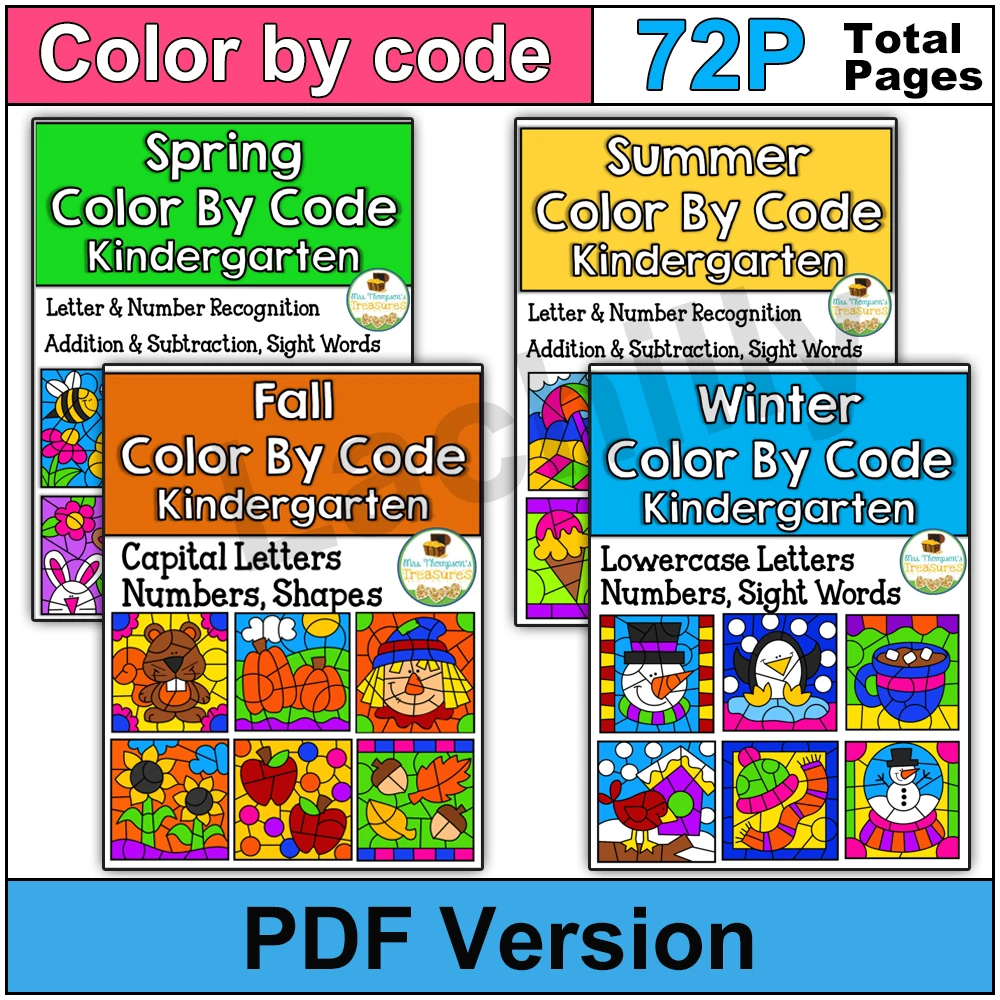 

4 Seasons Theme Coloring Pages Color By Code kid toddler letter & number recognition Addition & Subtraction,Sight Words PDF File