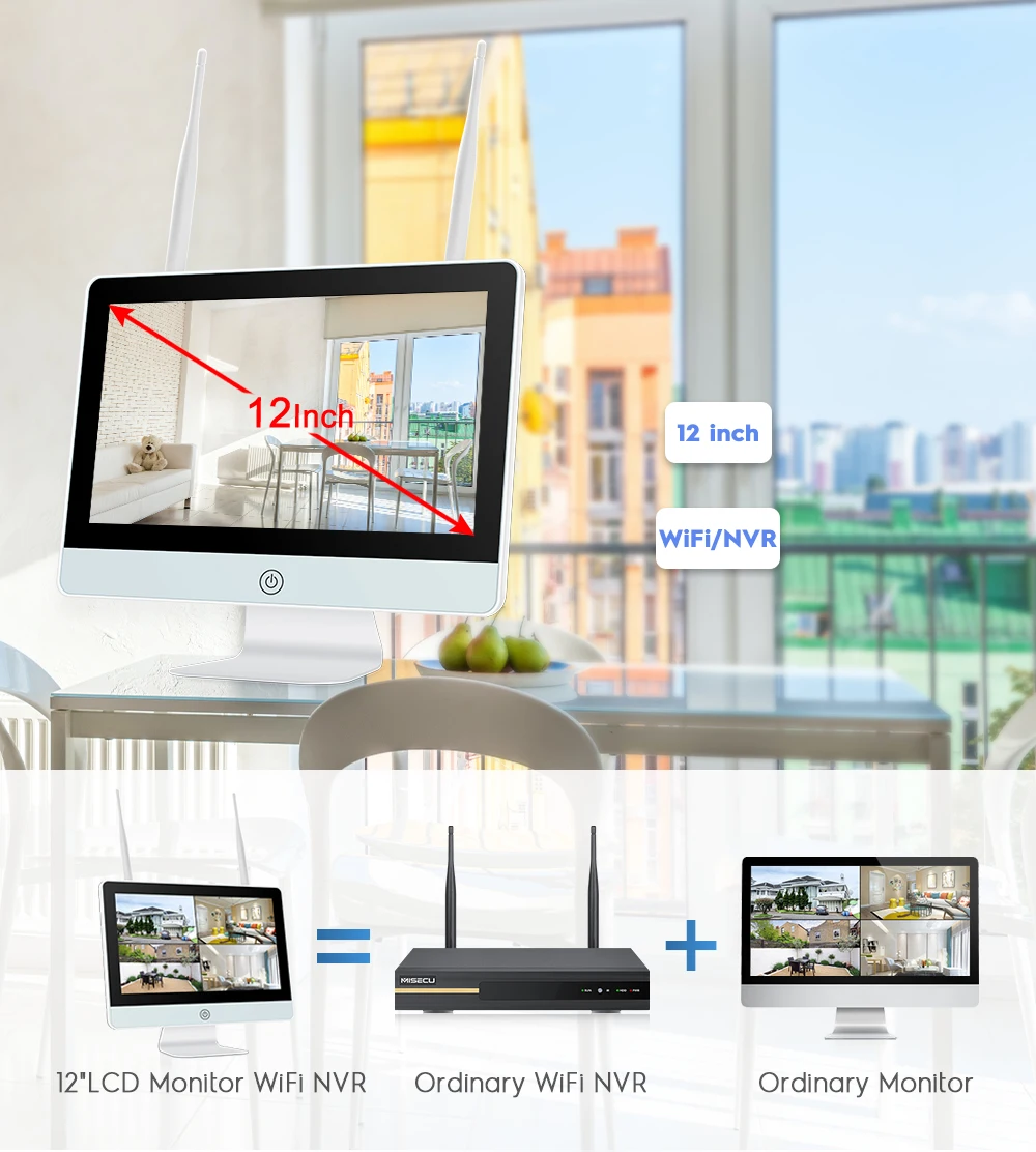 Купить Сетевой видеорегистратор MISECU, H.265 8 каналов 1080P 3 Мп, P2P NVR с ЖК-экраном 12 дюймов для камеры видеонаблюдения