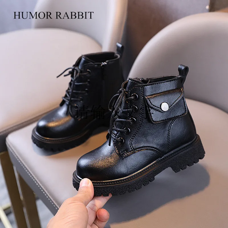 Size 21-30 Spring Autumn Girls Boots New Little Princess Single Boots British Style Fashion Children Pockets Short Boots Boys