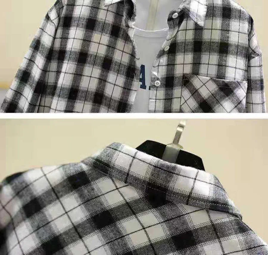 Рубашка женская с отложным воротником хлопок Клетчатая блуза свободного покроя