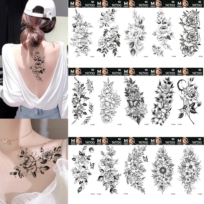 

Temporary Tattoos Sticker Sketch Rose Black Flower Water Transfer Waterproof Arm Legs Body Art Long Lasting Beauty Fashion