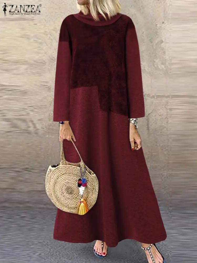 

Свитшот ZANZEA женский с высоким воротником, свободный винтажный сарафан с длинным рукавом, плюшевый пушистый, в стиле кэжуал, Pacthwork